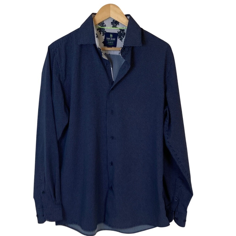 Tom Baine Men's Blue Button-Up Shirt Size Large Slim Fit‎ Polka Dot Performance